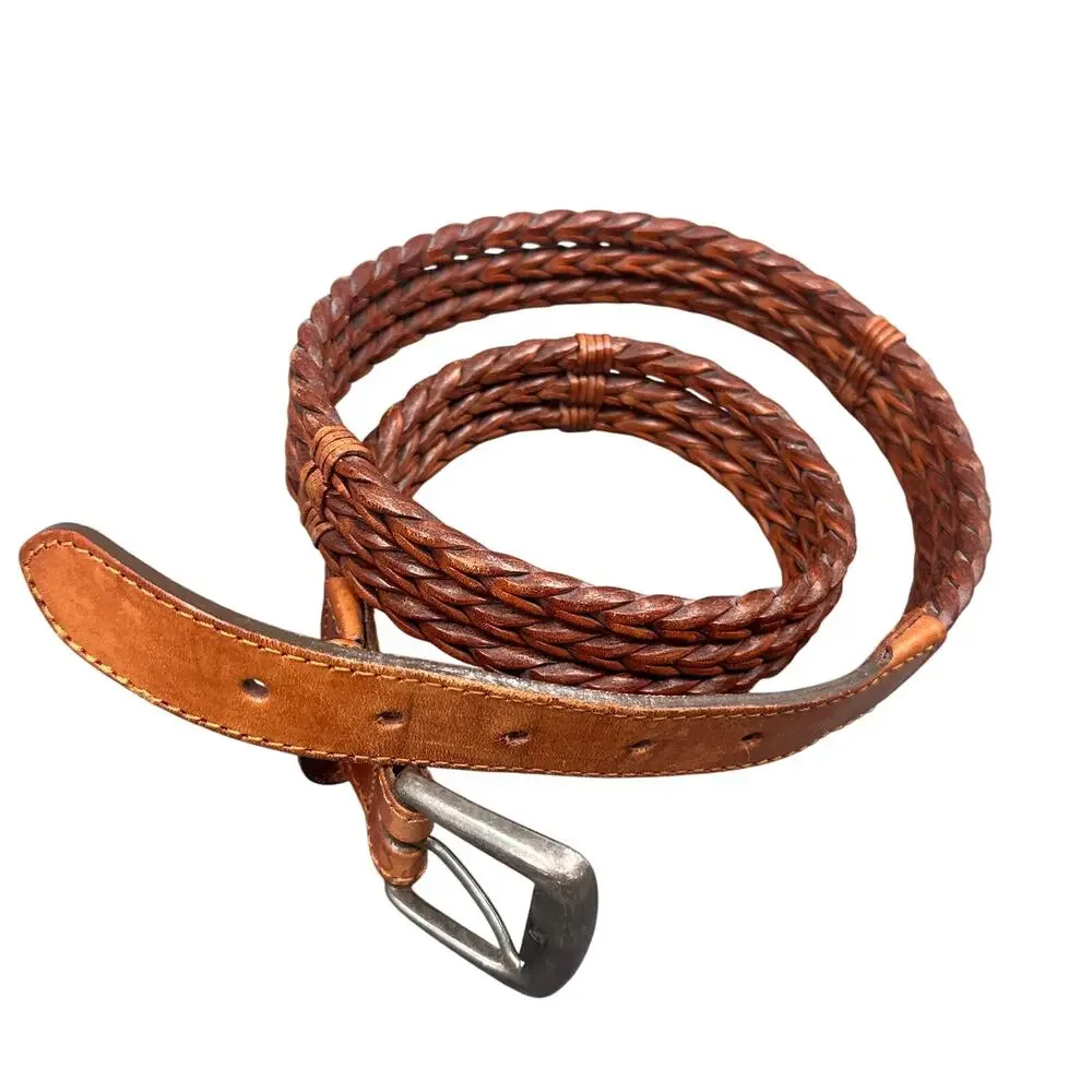 Billy Belt’s Calif Leather Belt 34 Brown Braided Woven Brass Buckle Vintage Boho